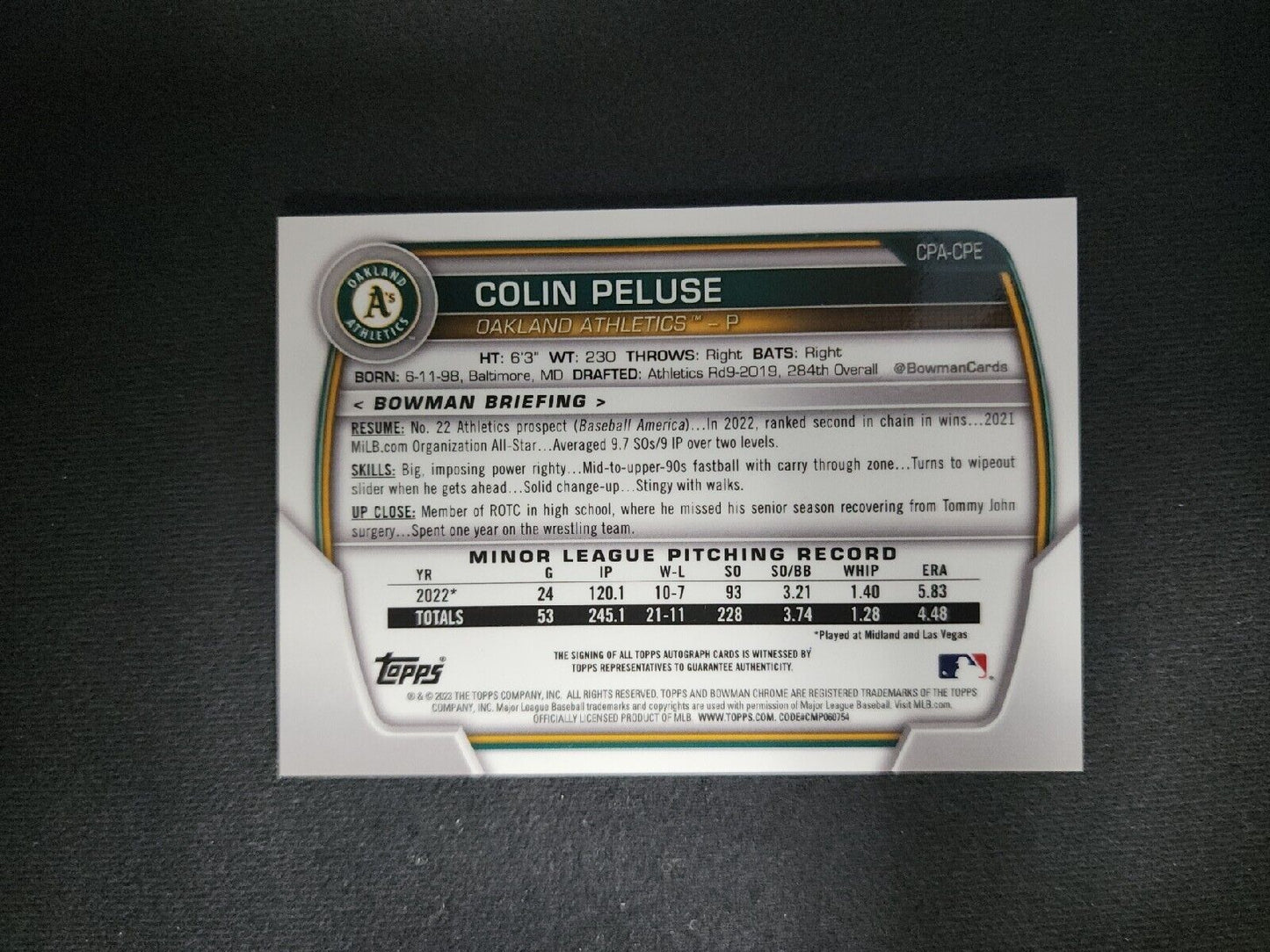 2023 Bowman Chrome Auto #CPA-CPE Colin Peluse Oakland Athletics 1st Bowman