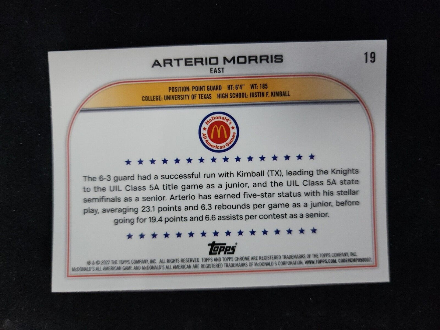 Arterio Morris 2022 Topps Chrome Mcdonalds Basketball SP Arches Refractor #19