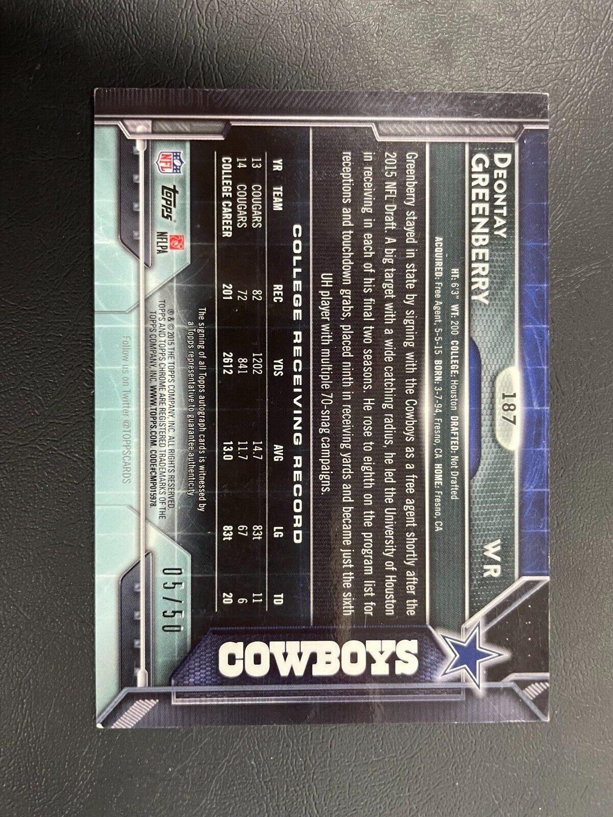 2015 Topps Chrome Rookies Blue Refractor /50 Deontay Greenberry Rookie Auto RC