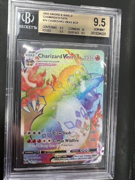 2020 Sword & Shield Champions Path Charizard VMAX SCR #74 Beckett 9.5 Rainbow J