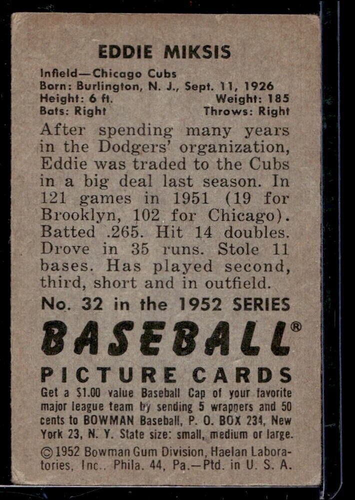 1952 Bowman #32 Eddie Miksis - VG