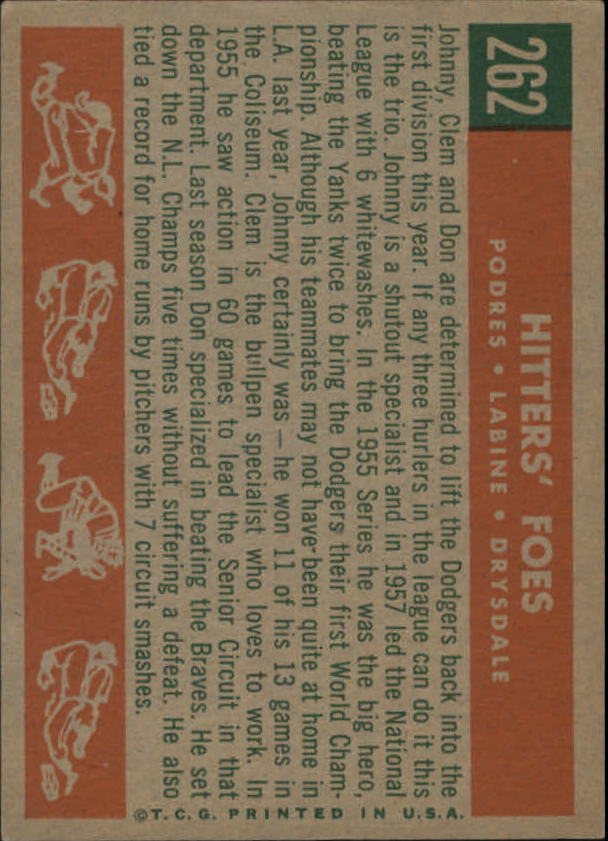 1959 Topps #262 Hitters Foes Johnny Podres Clem Labine Don Drysdale - NM