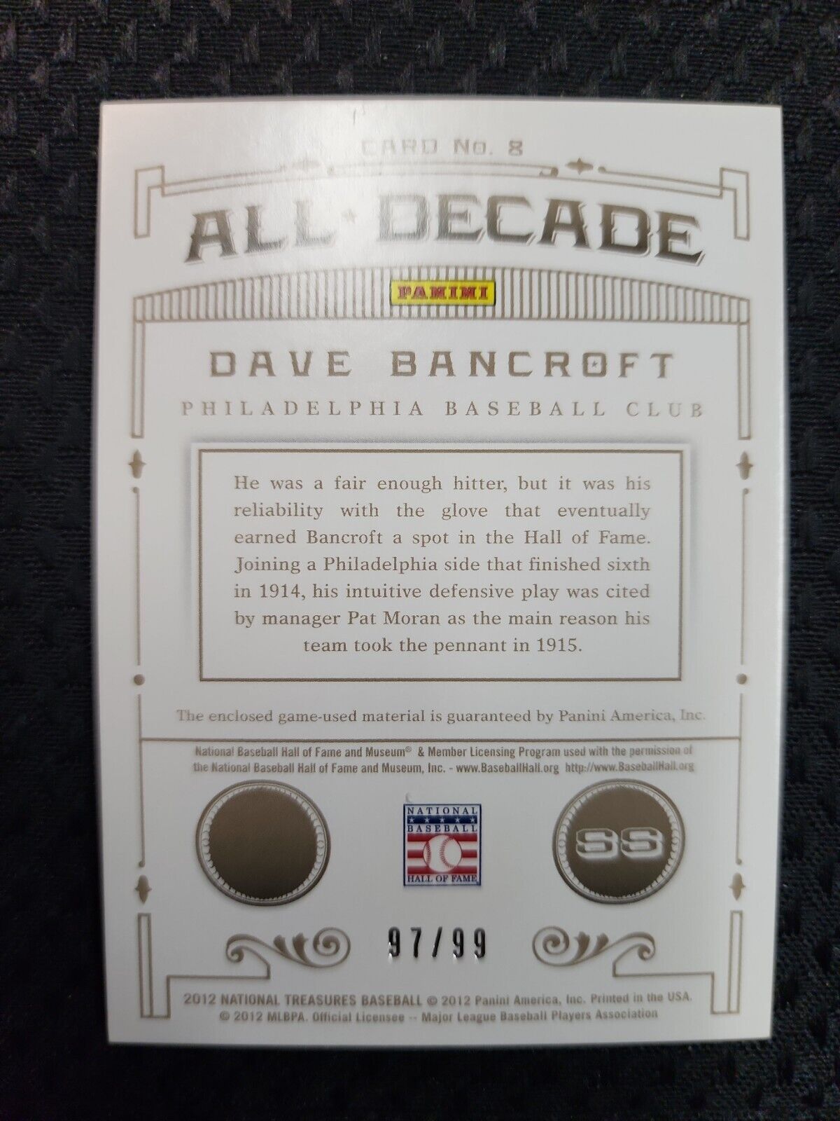 DAVE BANCROFT 2012 National Treasures Game Used Bat #/99 HOF Vintage Bat Piece