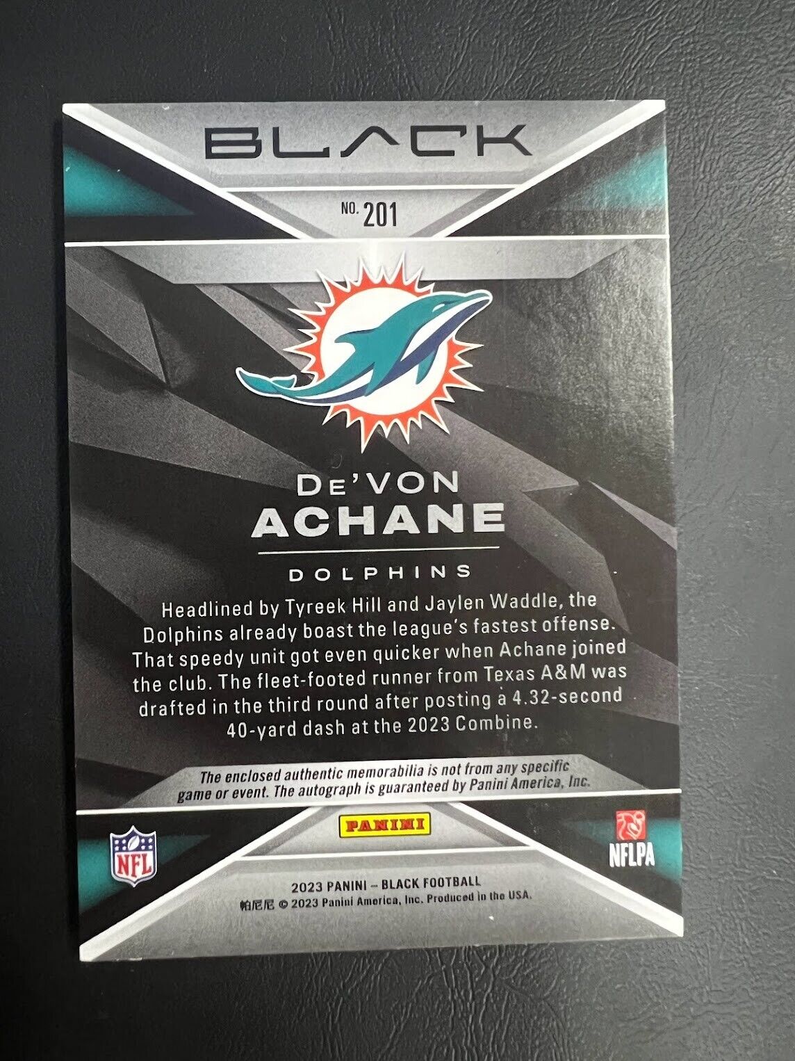 2023 Panini Black #201 De’von Achane #/199 3 Color Patch Auto Rookie Dolphins J