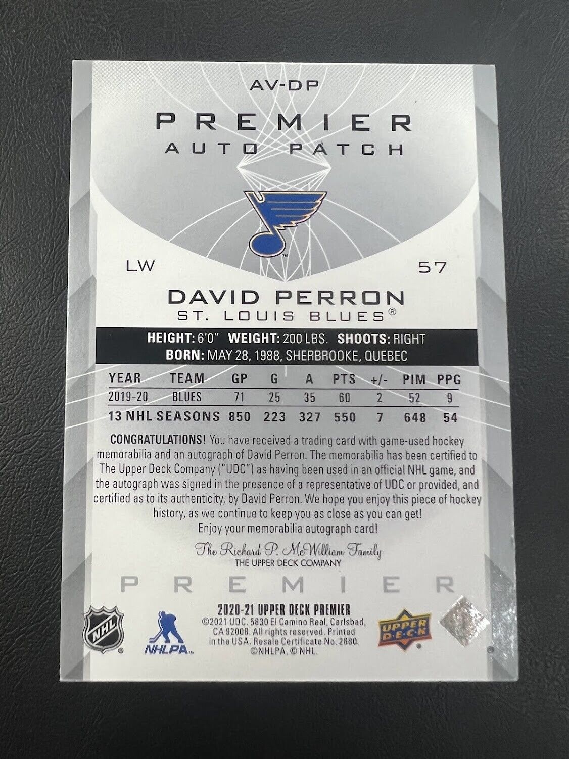 2020-21 Upper Deck Premier Acetate /35 David Perron #AV-DP 4 Color Patch Auto
