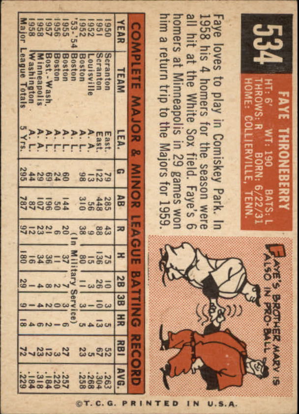 1959 Topps #534 Faye Throneberry - NM