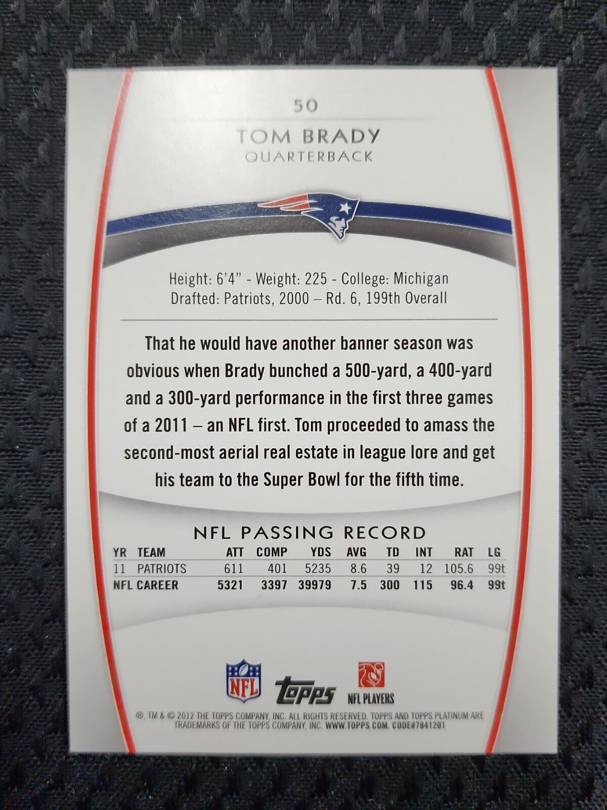 2012 Topps Platinum Silver Holo Refractor Tom Brady #50 INVEST GOAT HOF MVP