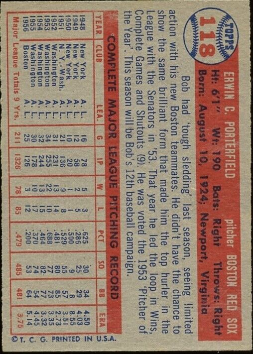 1957 Topps #118 Bob Porterfield - NM