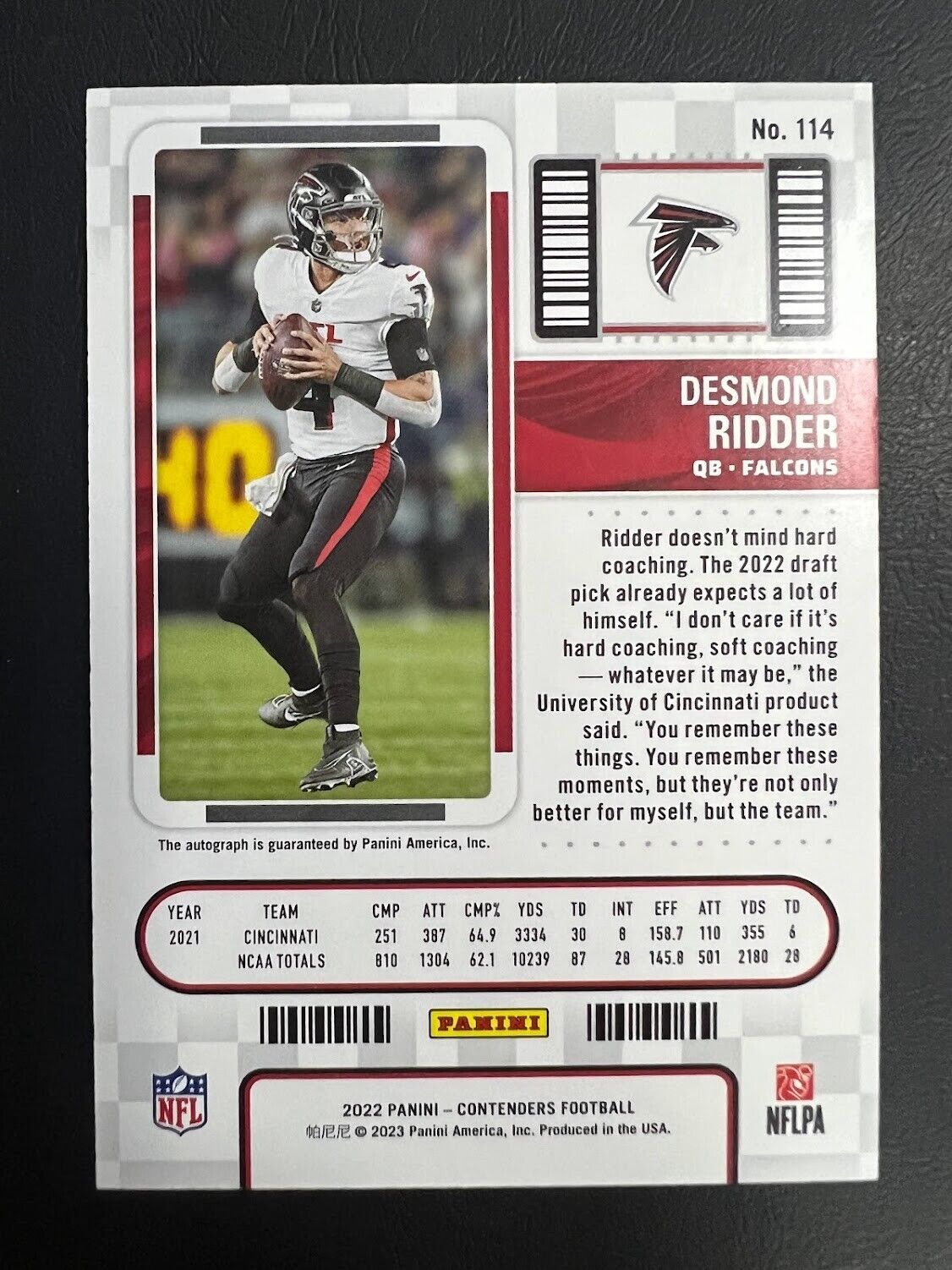2022 Contenders Desmond Ridder Rookie Ticket Auto Autograph RC #114 Falcons J