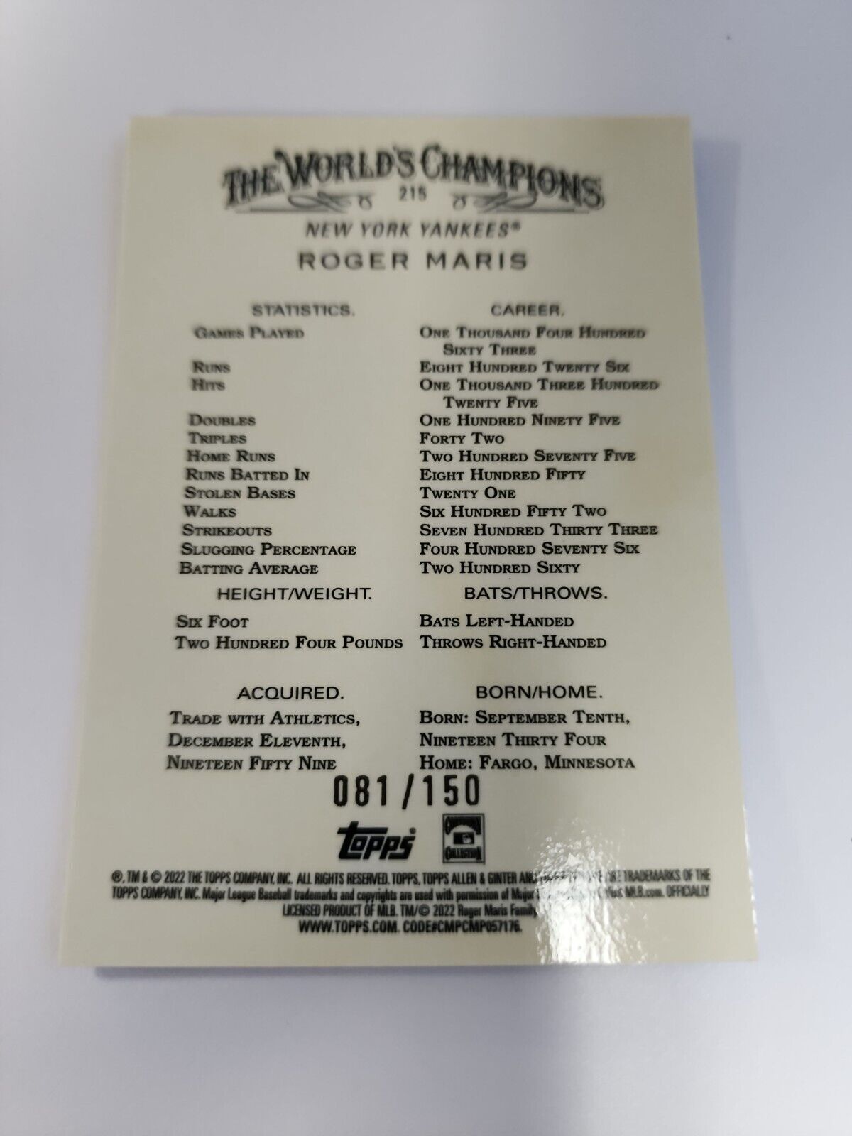 2022 Allen and Ginter Chrome Base Blue #215 Roger Maris /150 - New York Yankees