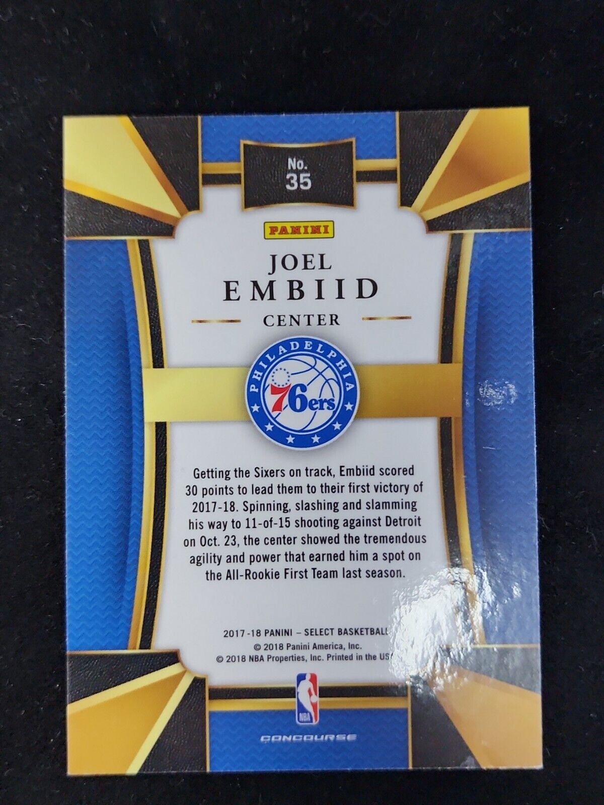 Cb36b #35 Joel Embiid Philadelphia 76ers 2017/18 Panini select concourse