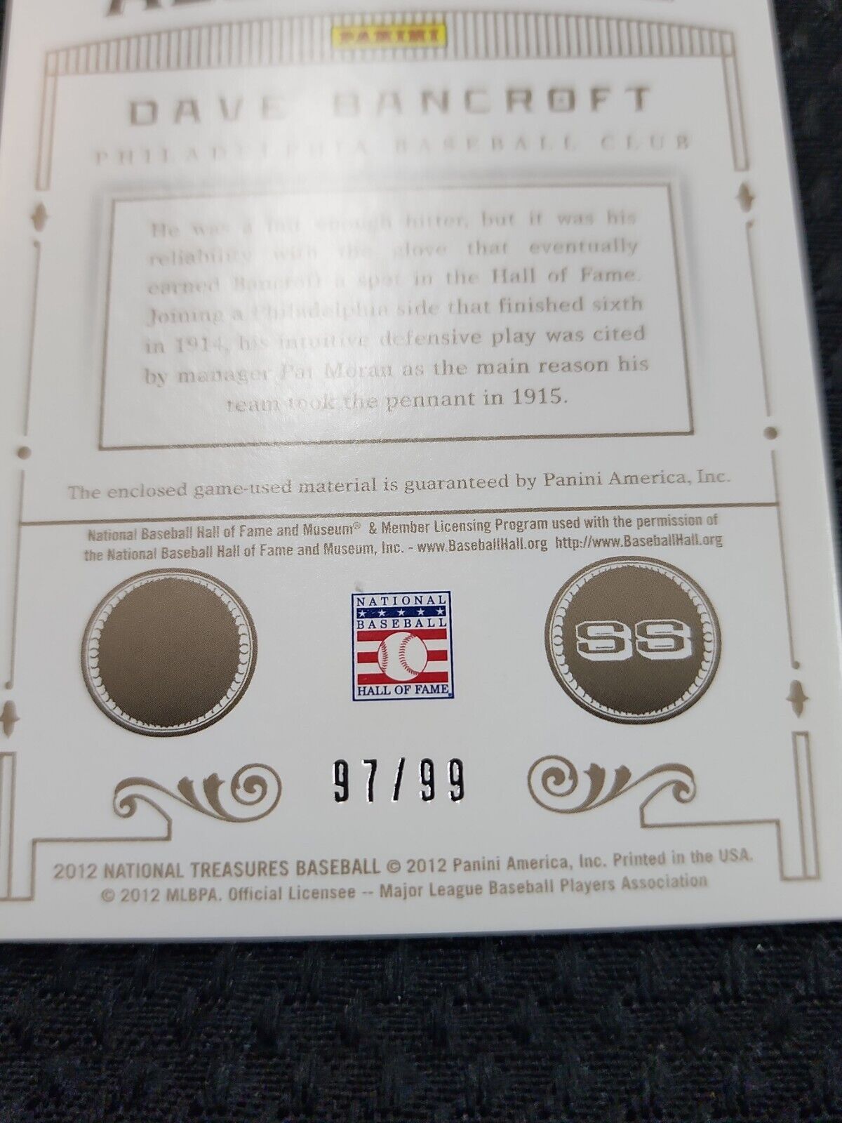 DAVE BANCROFT 2012 National Treasures Game Used Bat #/99 HOF Vintage Bat Piece