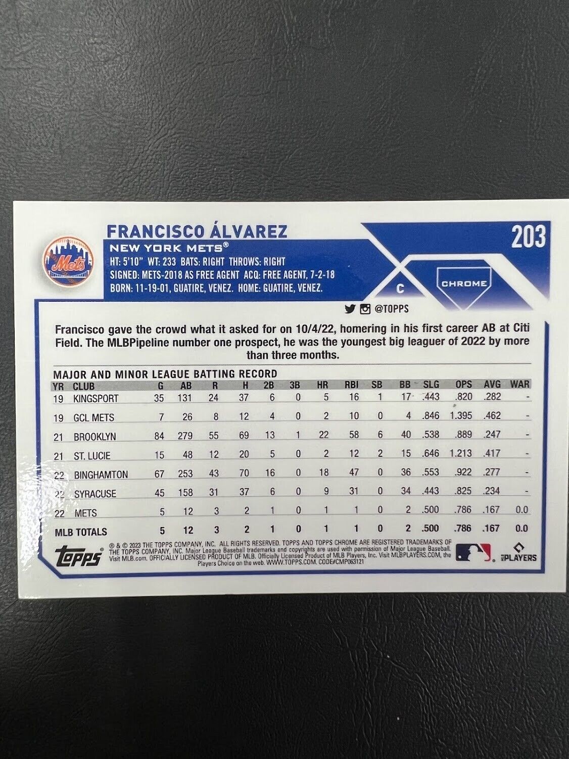 2023 Topps Chrome Green Sonar Refractor 203 Francisco Alvarez Rookie /99 METS J