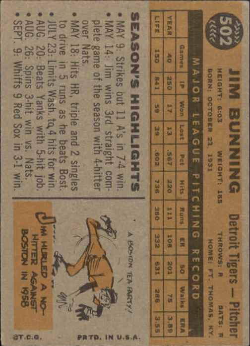 1960 Topps #502 Jim Bunning - Ex+