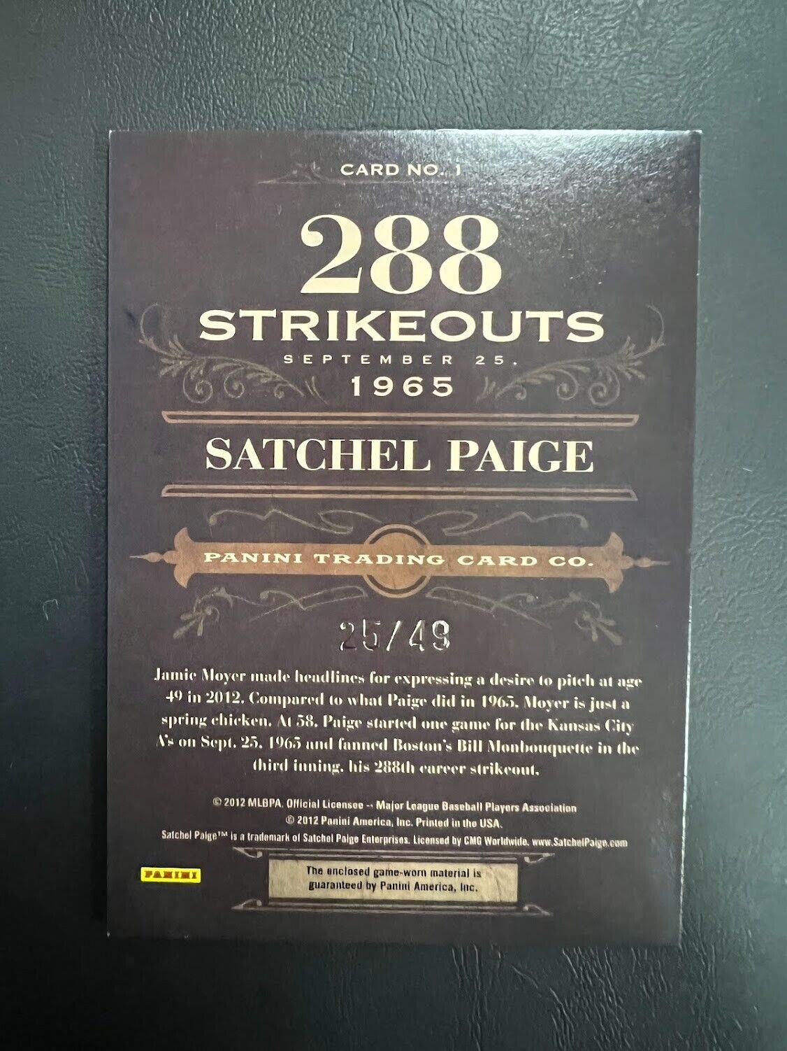 SATCHEL PAIGE GAME USED PATCH 2011 PLAYOFF PRIME CUTS GAME WORN JERSEY #D/49 J