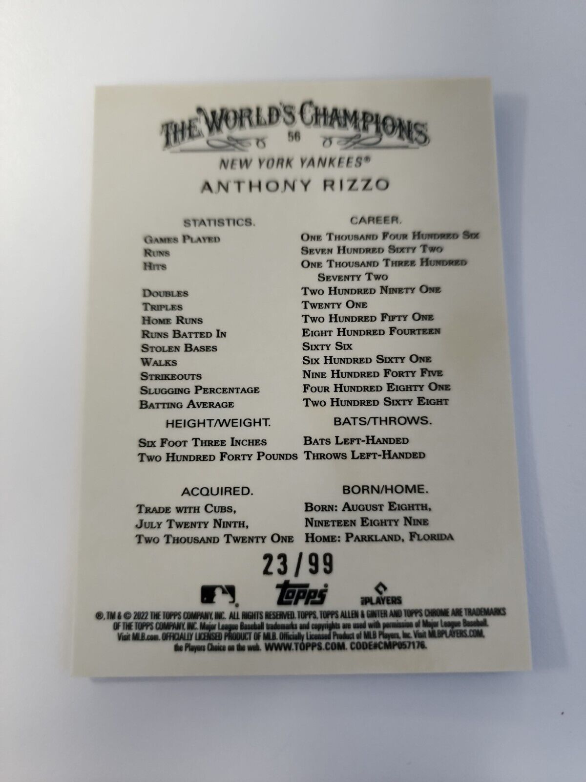 2022 Topps Chrome Allen & Ginter Anthony Rizzo Yankees #56 Green /99