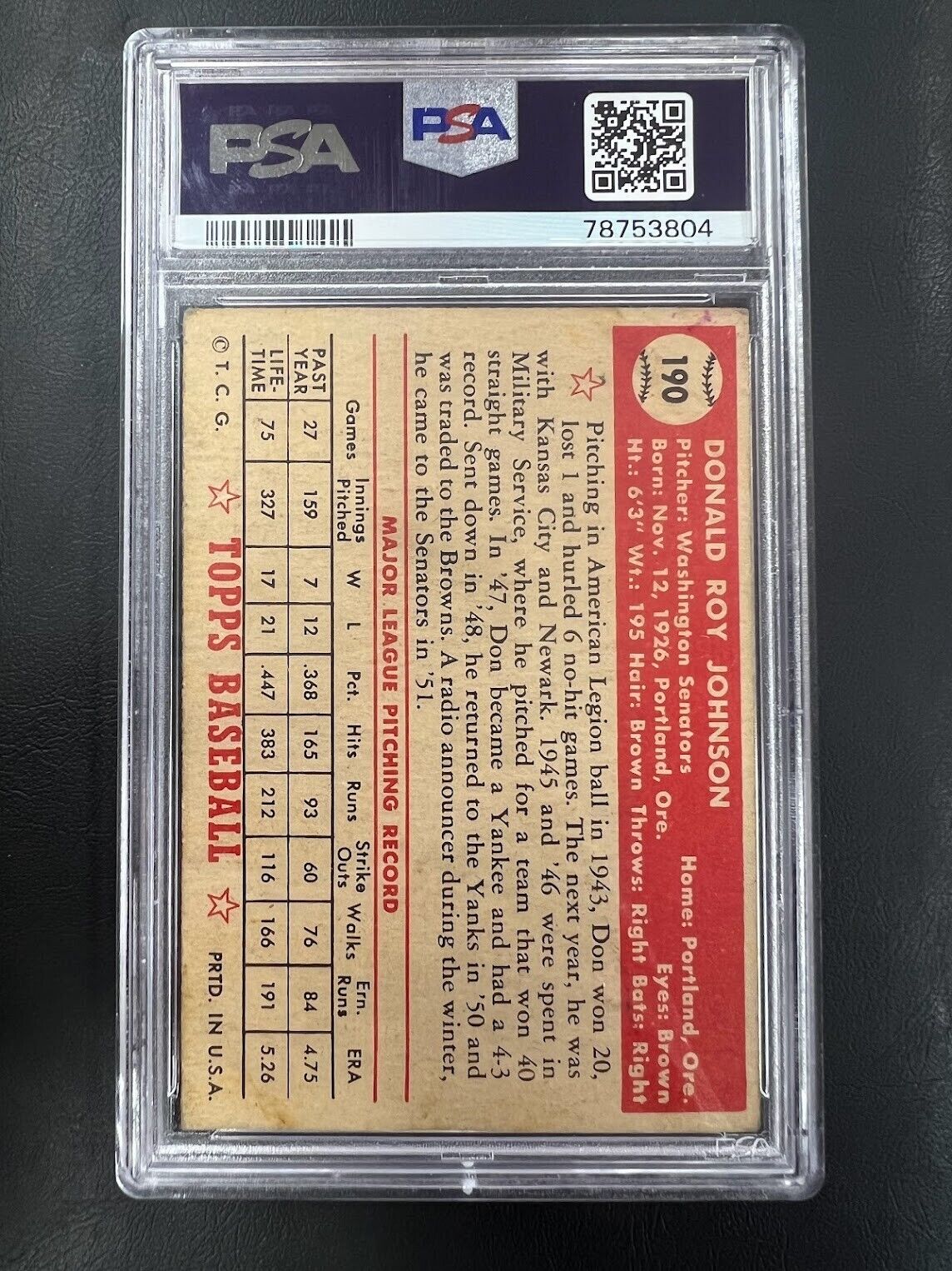 1952 Topps #190 Don Johnson Senators PSA VG 3 J