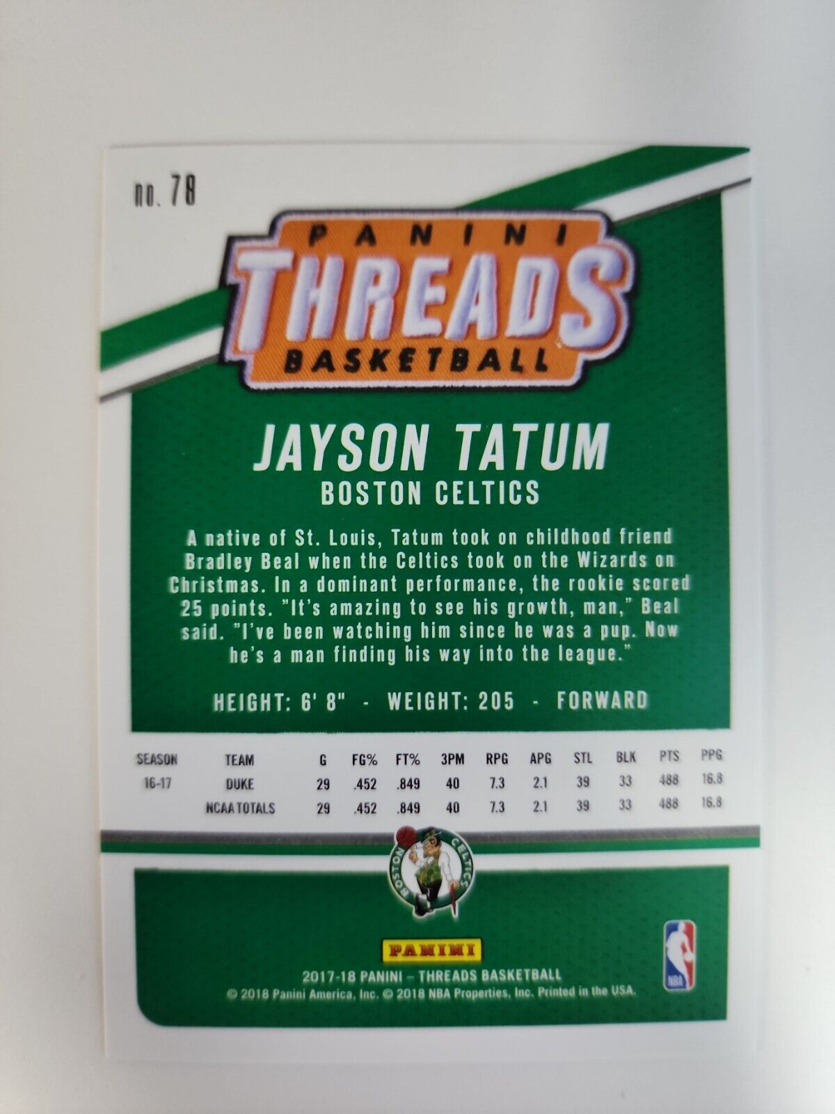 2017-18 Panini Threads #78 Jayson Tatum (RC)