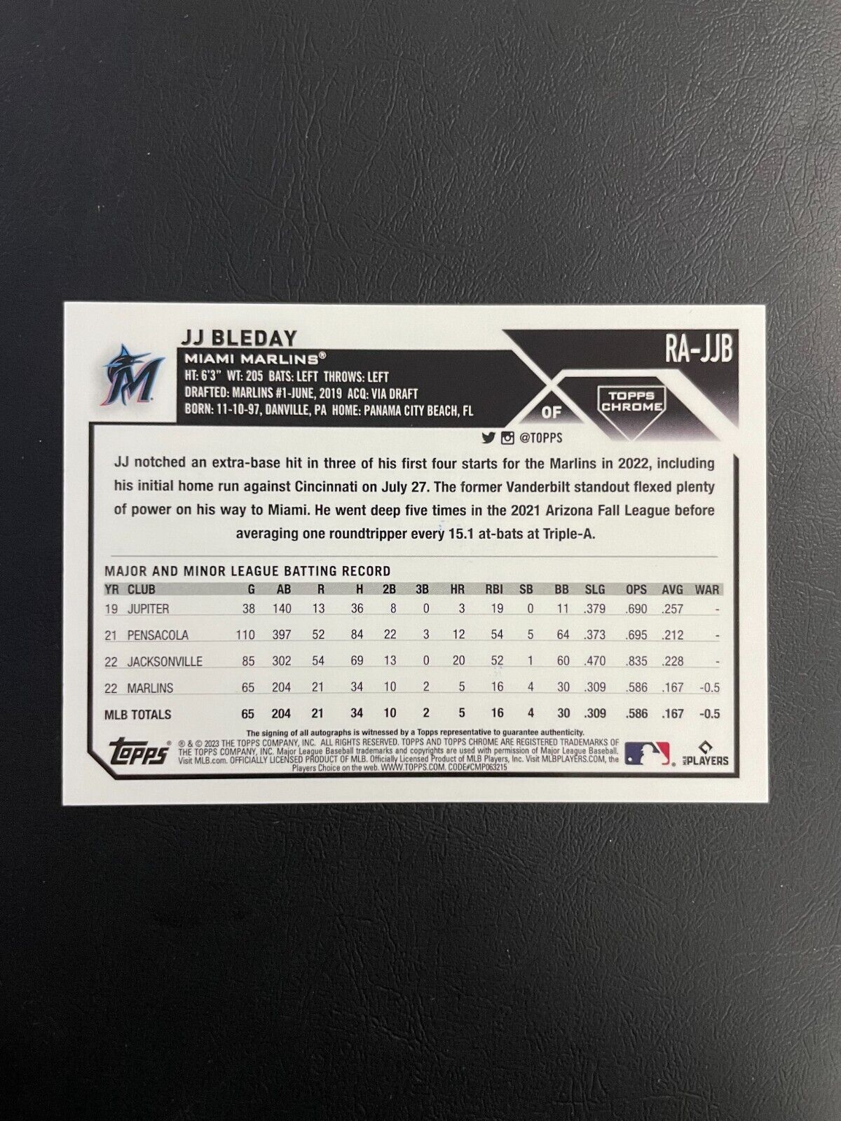 2023 Topps Chrome JJ Bleday Purple Refractor RC Auto #'d /250