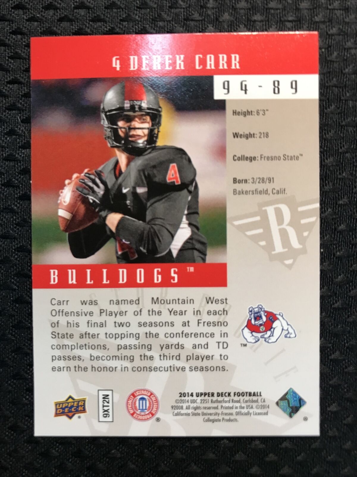DEREK CARR ROOKIE CARD 2014 Upper Deck STAR RC Bulldogs Football OAKLAND RAIDERS
