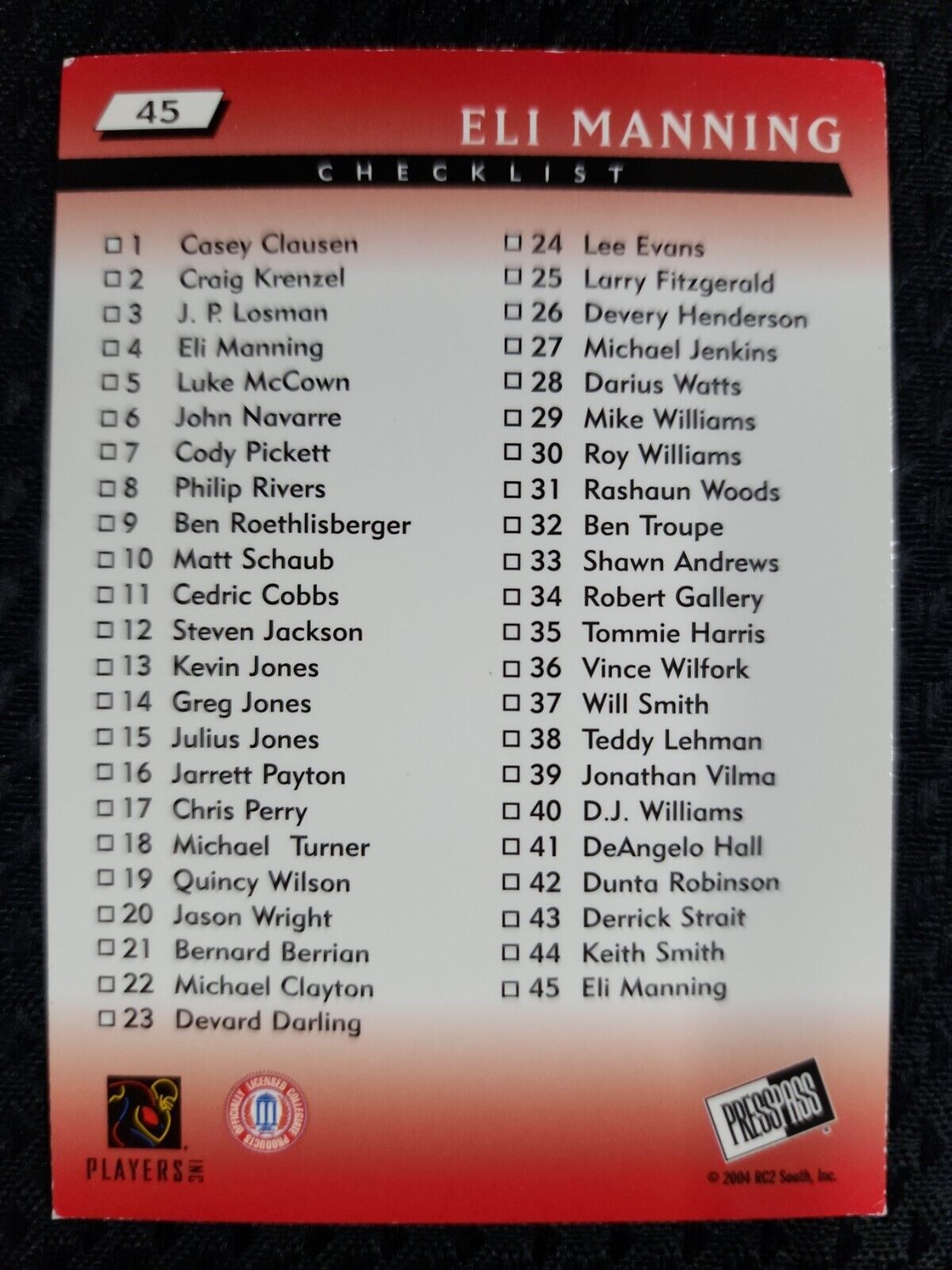 2004 PRESS PASS BLUE ELI MANNING RC OLE MISS REBELS #45