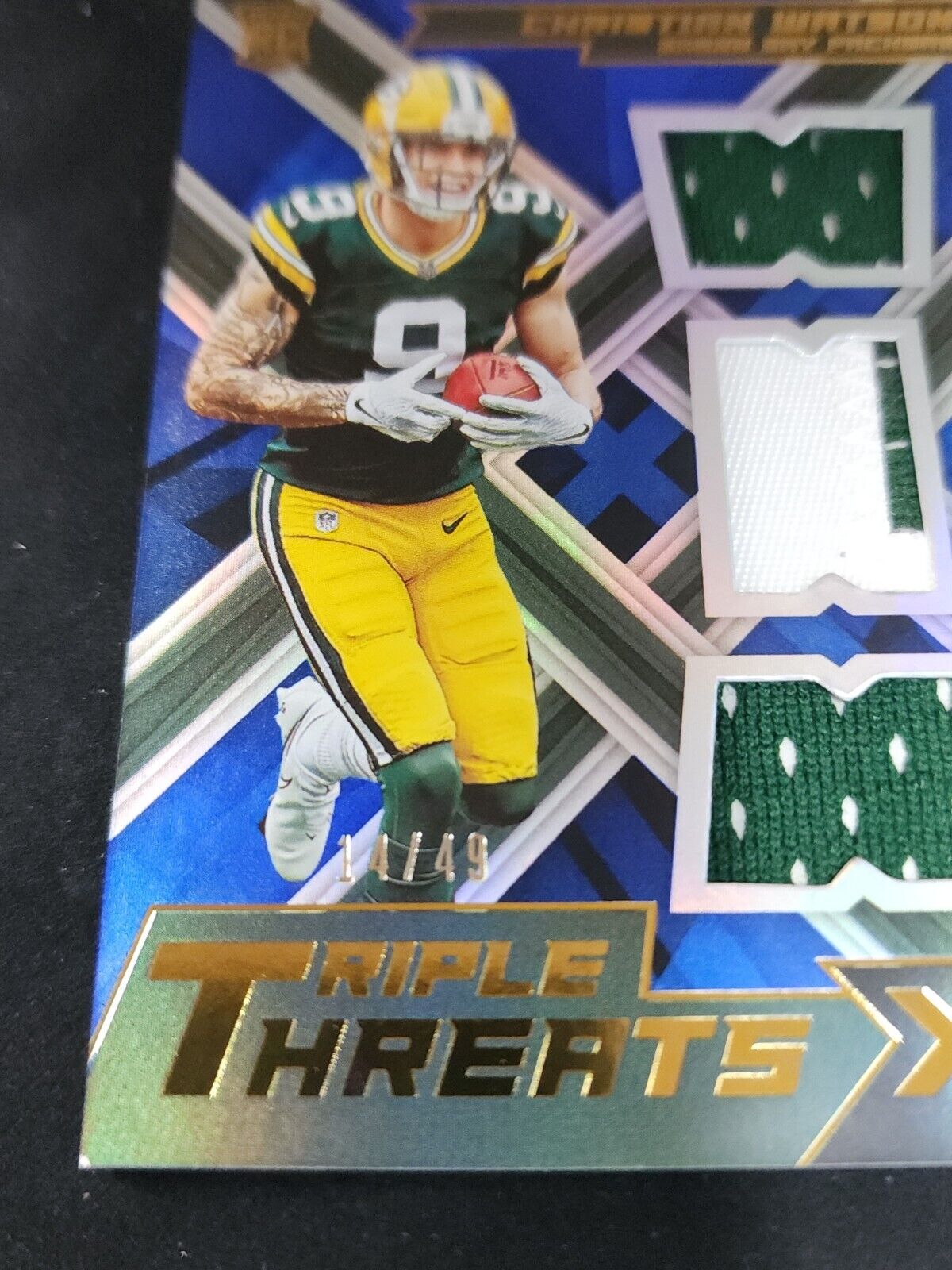 2022 Panini Xr Triple Threats Christian Watson /49 RC SP Triple Patch - Blue