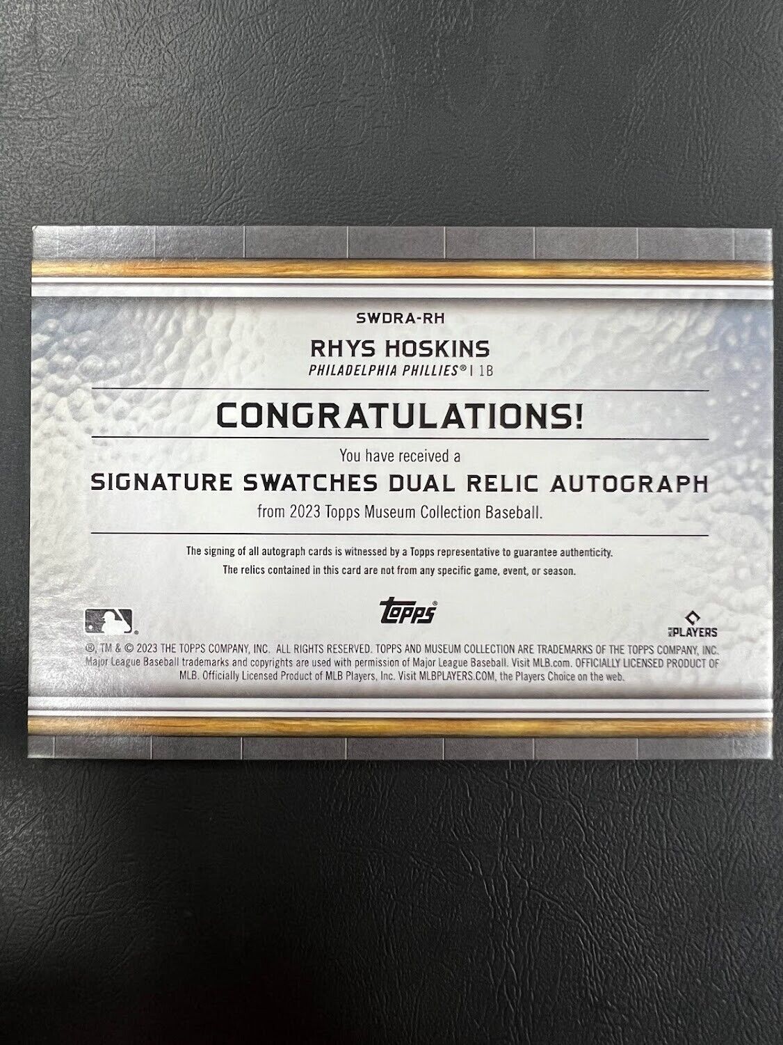 2023 Topps Museum Collection Signature Swatches Relic Auto Rhys Hoskins /199 J