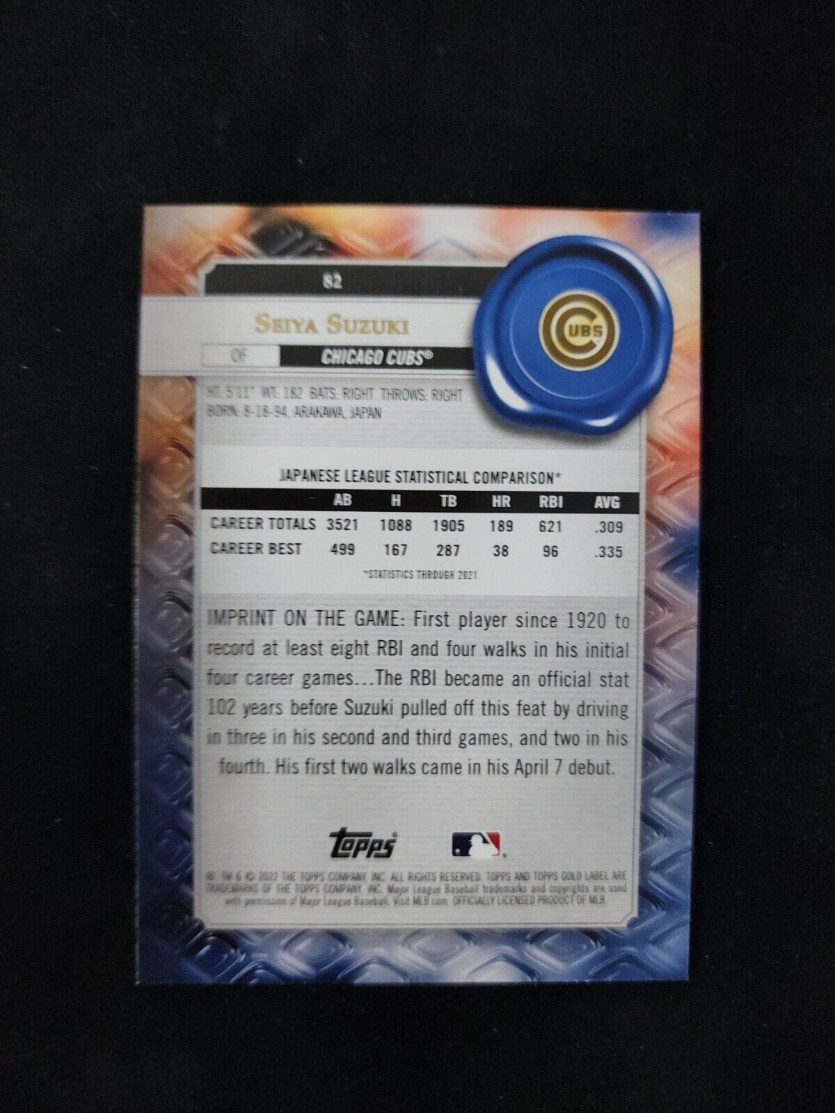 2022 Topps Gold Label SEIYA SUZUKI Base #82 Class 3 Rookie RC SP CHICAGO CUBS