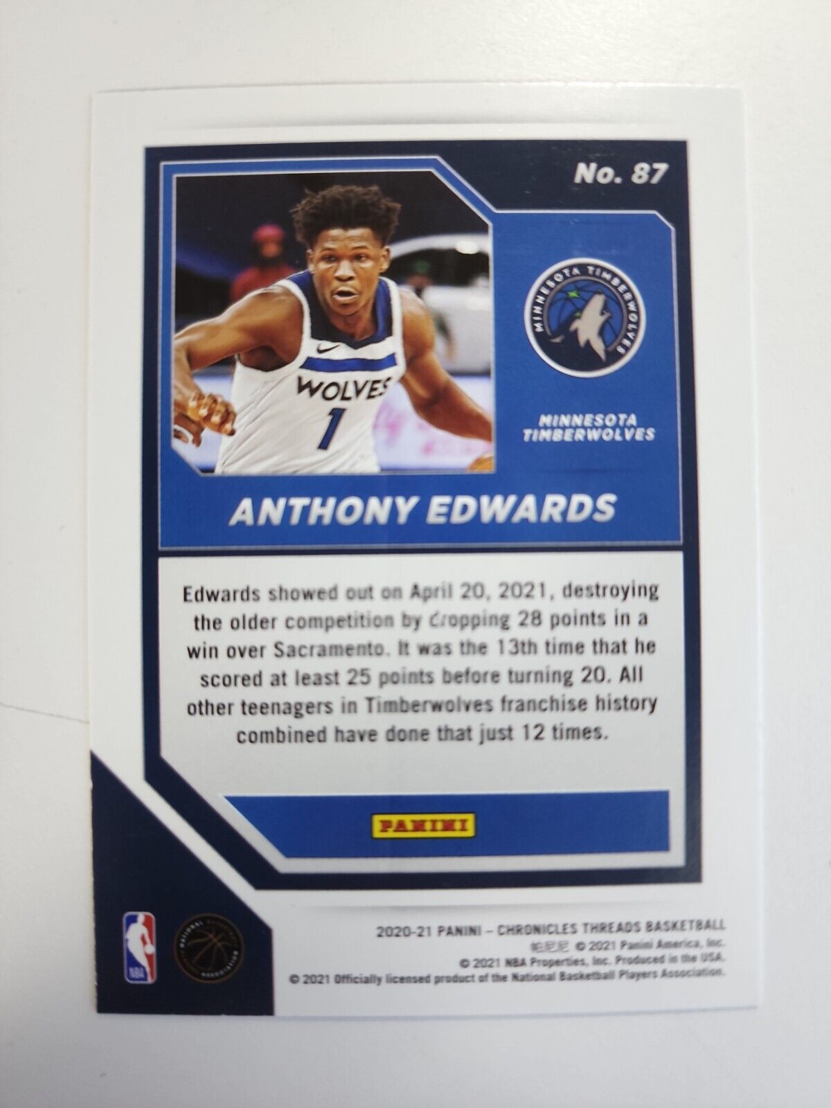 Anthony Edwards Minnesota Timberwolves, 2020-21 Panini Threads, RC #87