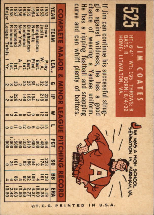 1959 Topps #525 Jim Coates RC - Vg+