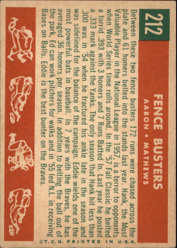 1959 Topps #212 Fence Busters Hank Aaron Eddie Mathews - Vg+