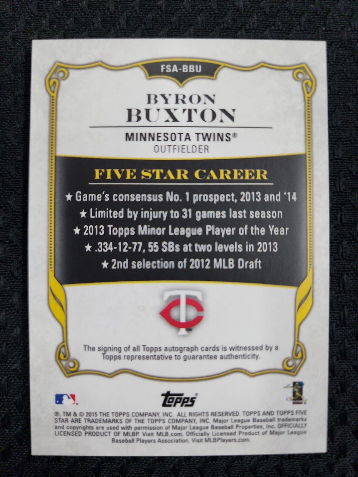 BYRON BUXTON ROOKIE AUTO 2015 TOPPS 5 FIVE STAR ON CARD RC AUTOGRAPH TWIN