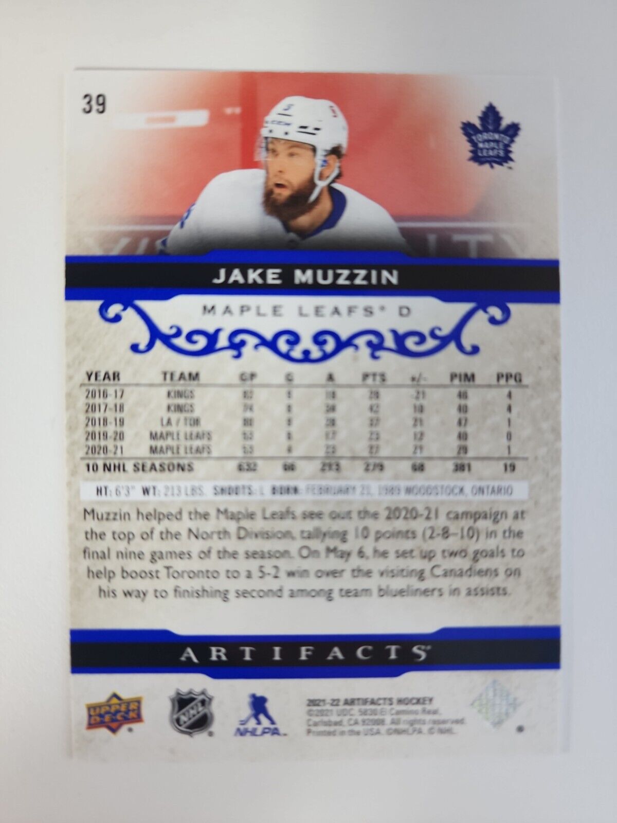 2021-22 UD Artifacts Base Royal Blue #39 Jake Muzzin /199 - Toronto Maple Leafs