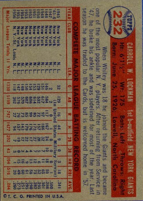 1957 Topps #232 Whitey Lockman - NM