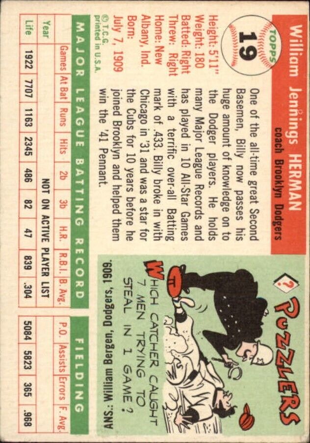 1955 Topps #19 Billy Herman CO - NM