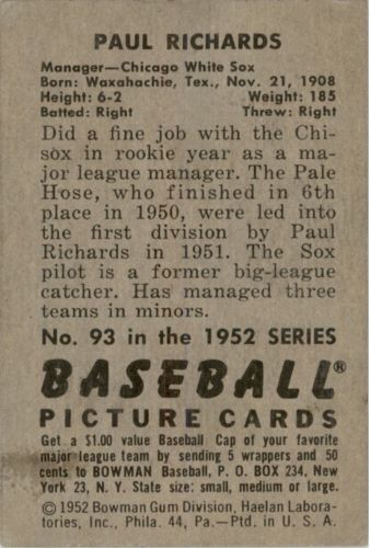 1952 Bowman #93 Paul Richards MG - VG