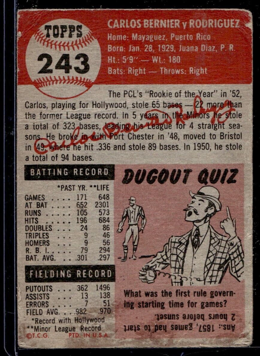 1953 Topps #243 Carlos Bernier DP RC - GOOD