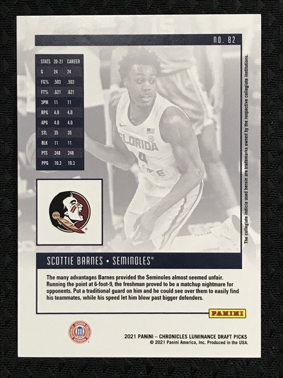 Scottie Barnes 2021 Chronicles Luminance Purple Parallel #82 /49 **