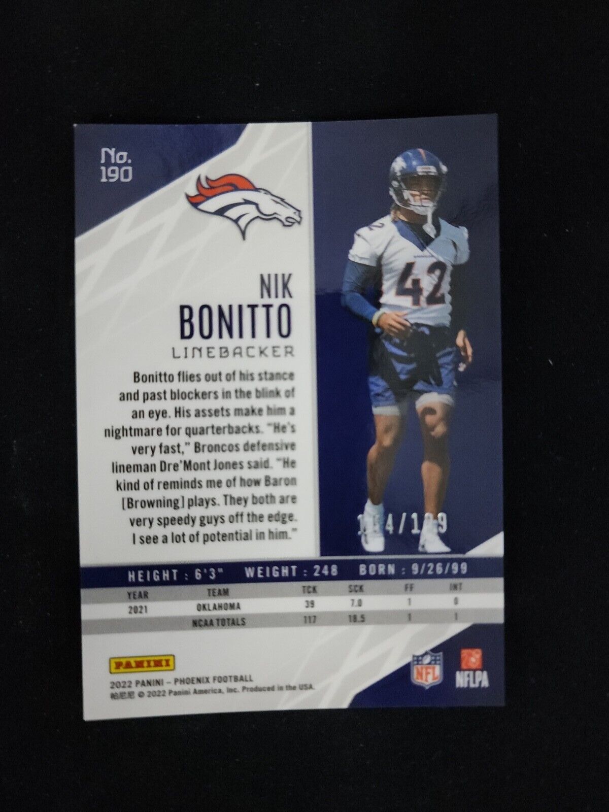 2022 Phoenix Football Pink #190 Nik Bonitto Rc Broncos /199