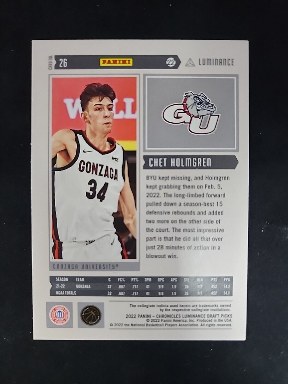 CHET HOLMGREN 2022-23 Panini Chronicles Draft Picks Luminance PULSAR SP RC #26