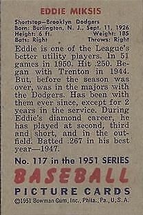 1951 Bowman #117 Eddie Miksis RC - VG