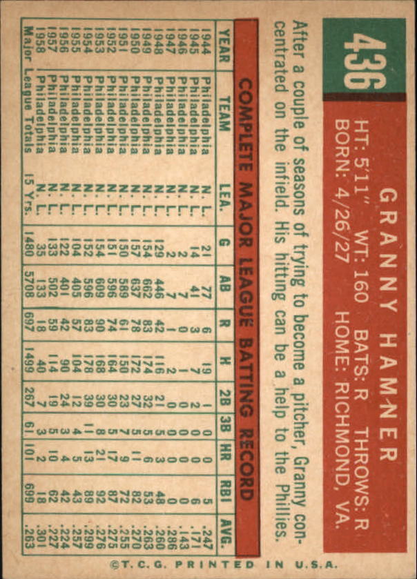 1959 Topps #436 Granny Hamner - NM