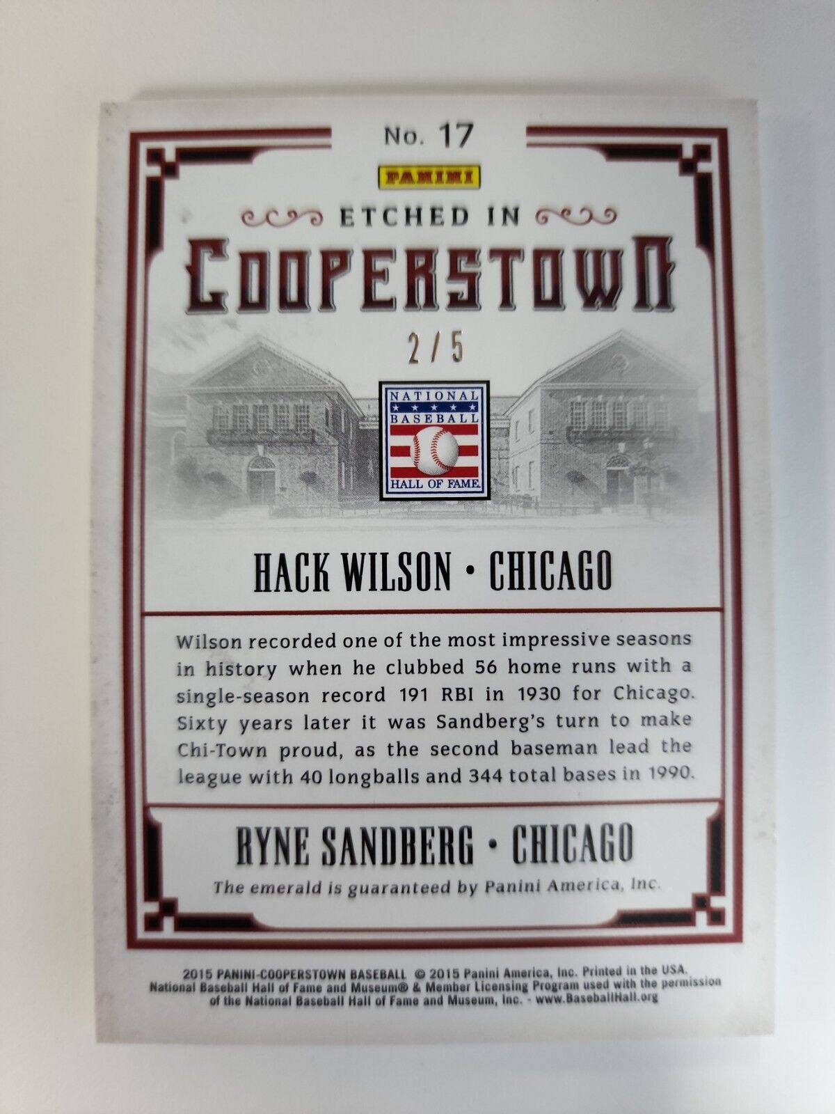 HACK WILSON/ RYNE SANDBERG 2015 ETCHED IN COOPERSTOWN EMERALD GEM #2/5 SP!!