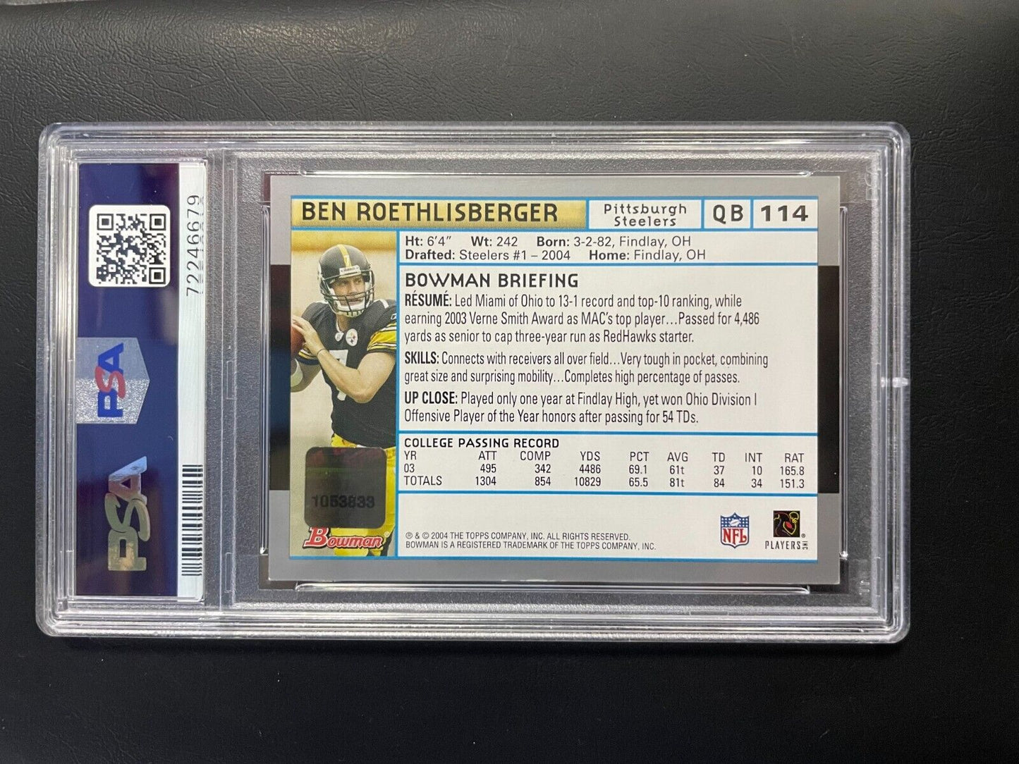 2004 Bowman Ben Roethlisberger RC Auto Red Ink PSA Auto 10 #114