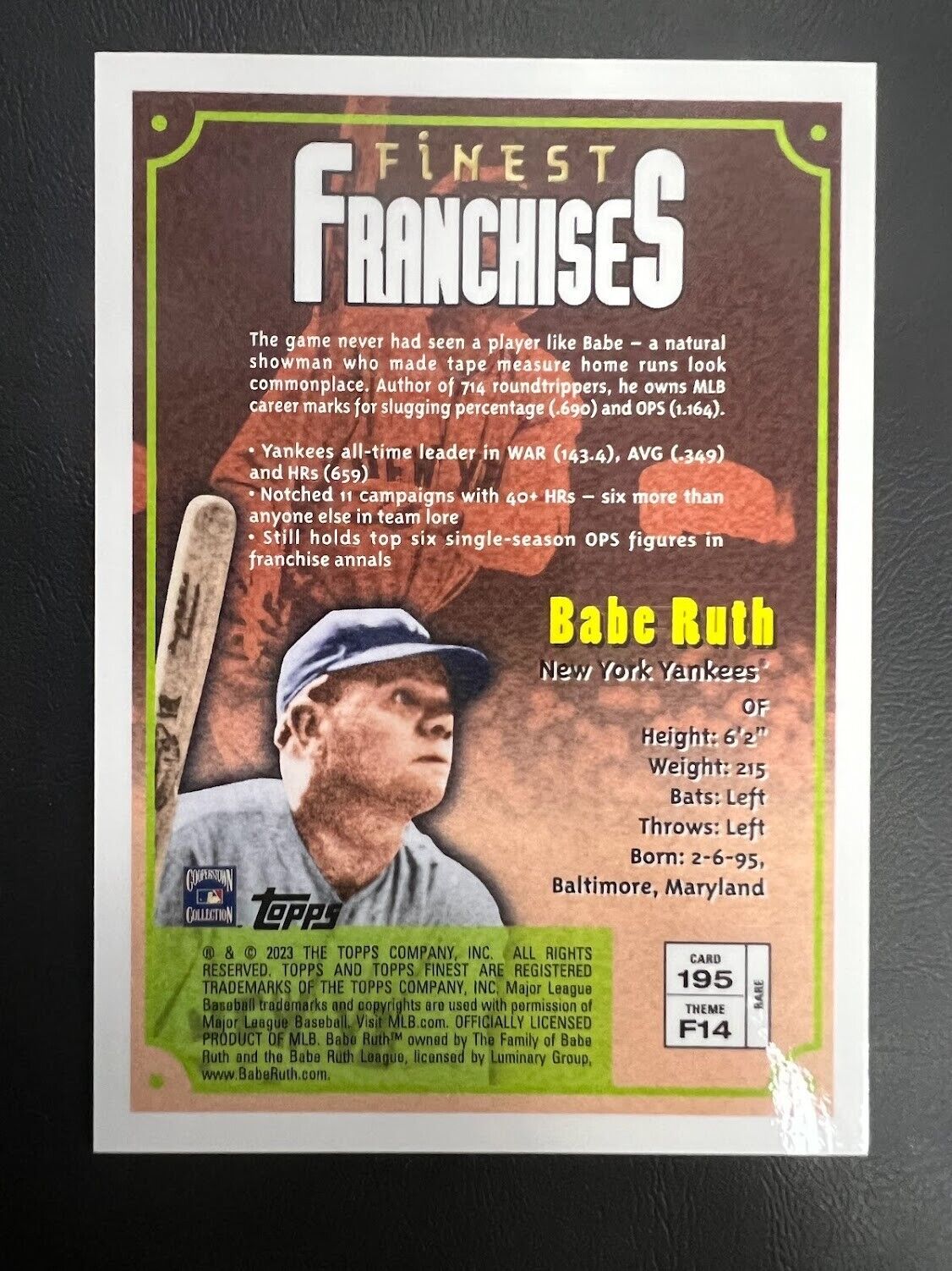 2023 Topps Finest Flashbacks Babe Ruth Gold Border Rare SP Yankees Franchises J
