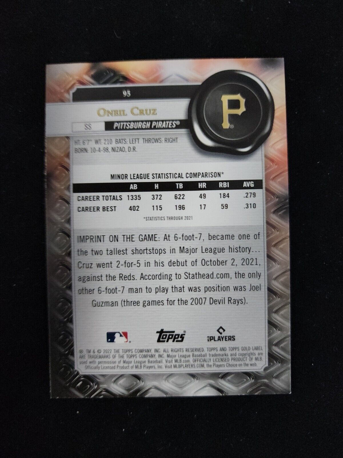 2022 Topps Gold Label #95 Oneil Cruz - Pittsburgh Pirates RC CLASS 1 BLACK FOIL