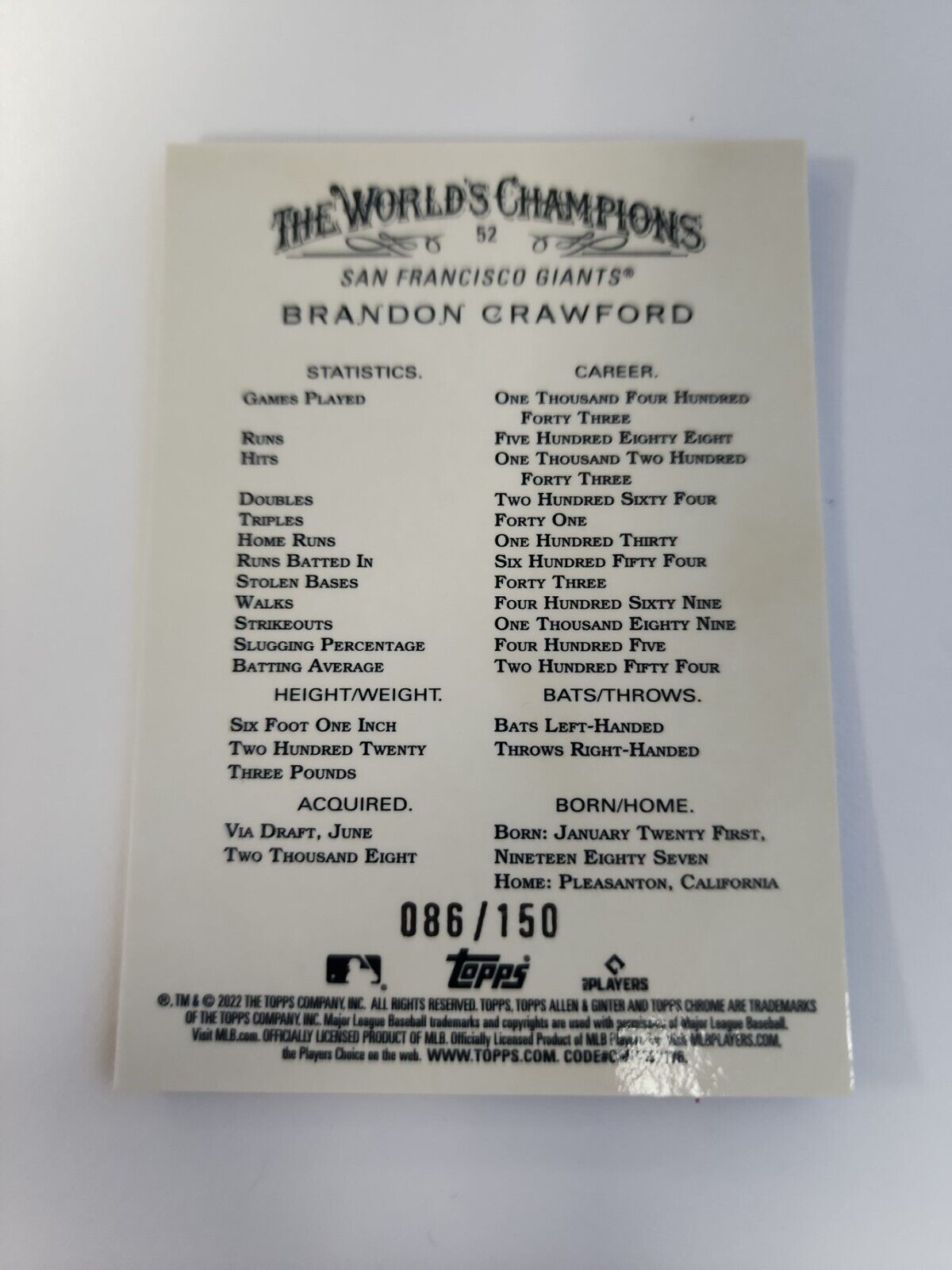 Brandon Crawford 2022 Allen & Ginter Chrome #52 Blue /150 Brandon Crawford