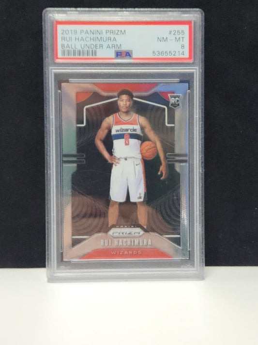 RUI HACHIMURA 2019 PANINI PRIZM #255 VARIATION BALL UNDER ARM ROOKIE RC PSA 8