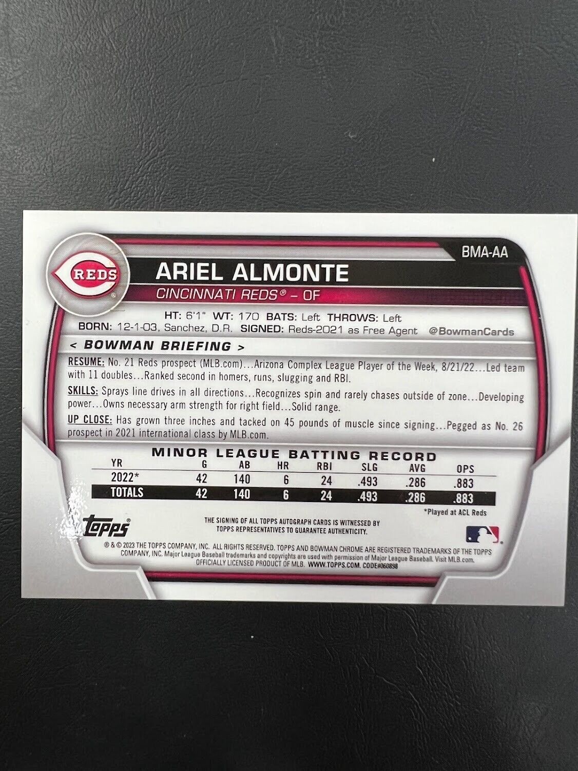 2023 Bowman Chrome Ariel Almonte Auto Mega Box Blue /150 Mojo Refractor BMA-AA J
