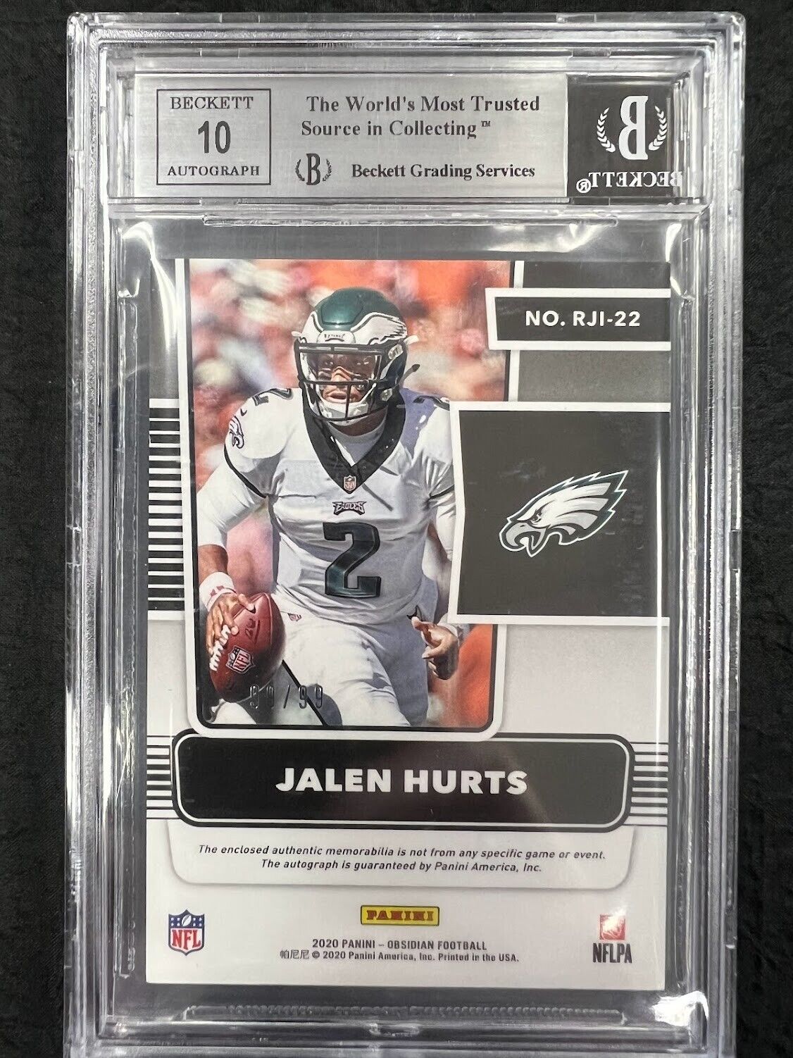 2020 Panini Obsidian Rookie Jersey Ink Orange Jalen Hurts PATCH AUTO RPA 99/99
